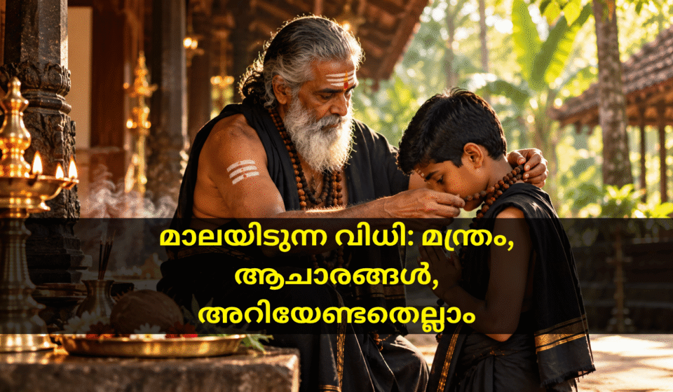 A young Indian boy dressed in traditional black Sabarimala pilgrim attire respectfully folds his hands in prayer as an elderly Guruswami places a holy beaded mala around his neck.